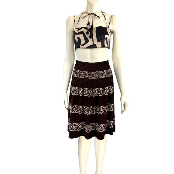 _ BCBG MaxAzria brown & white boho smocked to hips drop waist skirt - Picture 8 of 12